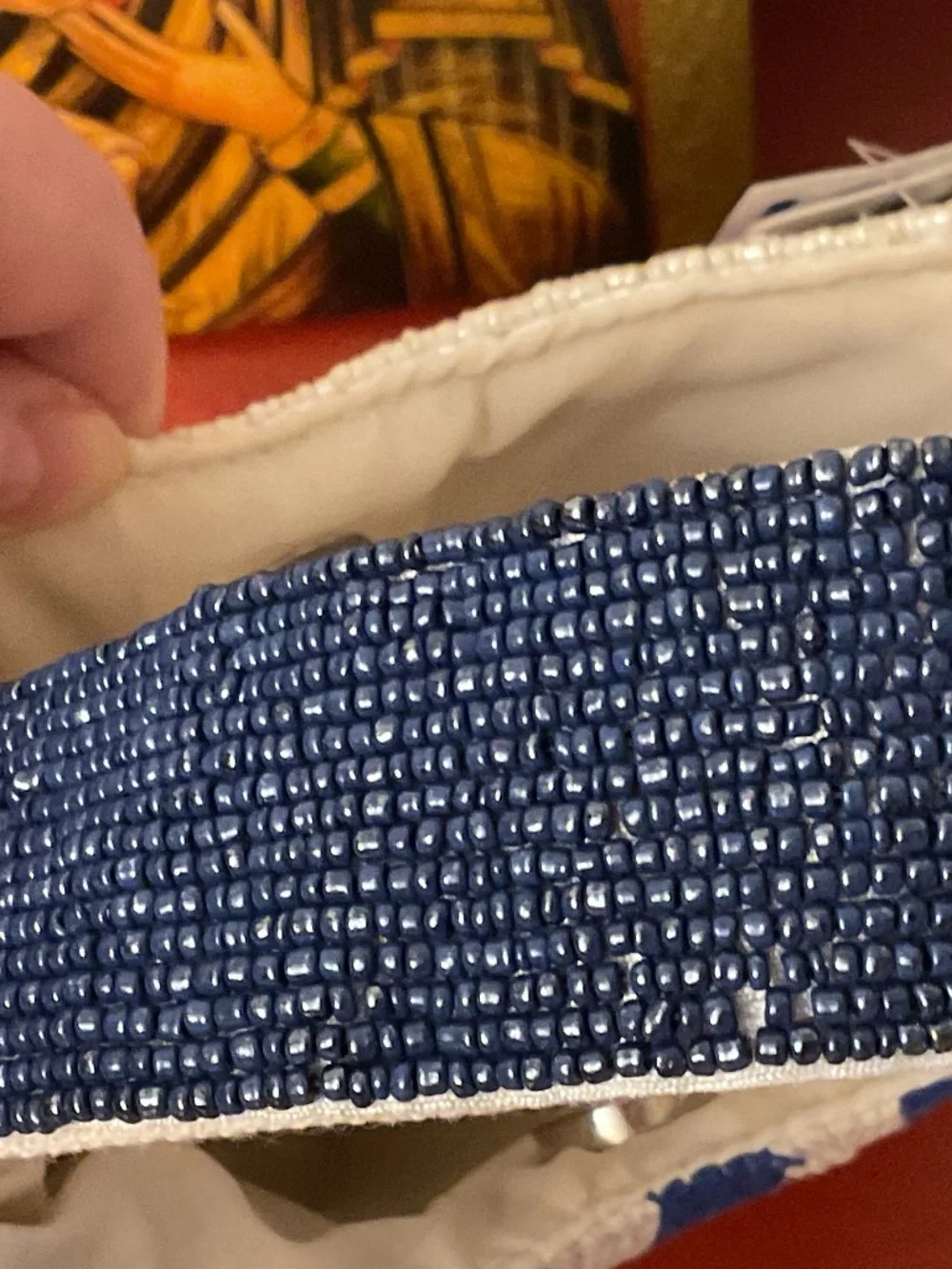 NWT Sardines Micro Beaded Blue White striped canvas Bag